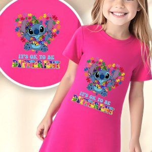 Vestidos infantis com estampa de quebra-cabeça e tema de conscientização do autismo do Stitch