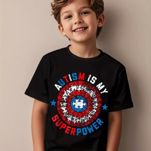 Camiseta infantil masculina com estampa "Autismo é Meu Superpoder"